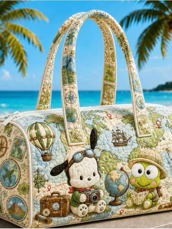 Sanrio Handbags - Sanrio Quilted Travel Satchel in Blue, Green and Cream Map Print